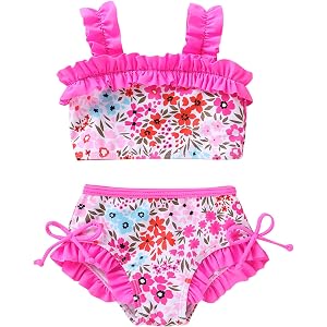 HAPPYMA Toddler Swimsuit Baby Girl Bathing Suit Ruffle Sleeveless Beach Wear Bikini Infant Tankini with Hat