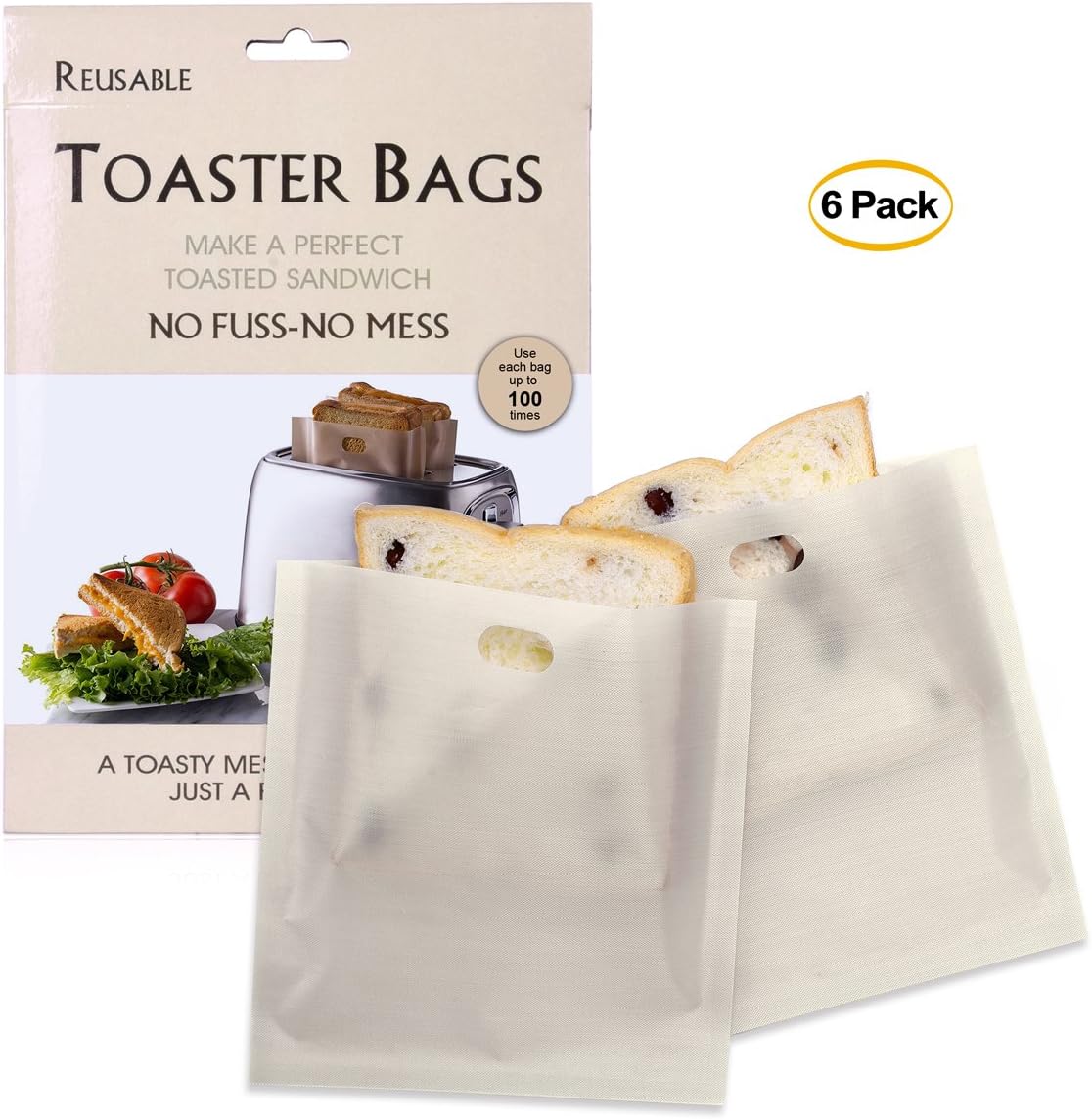 Hontec Non Stick Toaster Bags (6 Pack), Reusable and Heat Resistant, Gluten PFOA Free FDA Approved, Perfect for Grilled Cheese Sandwiches Chicken, 7.1" x 6.3"