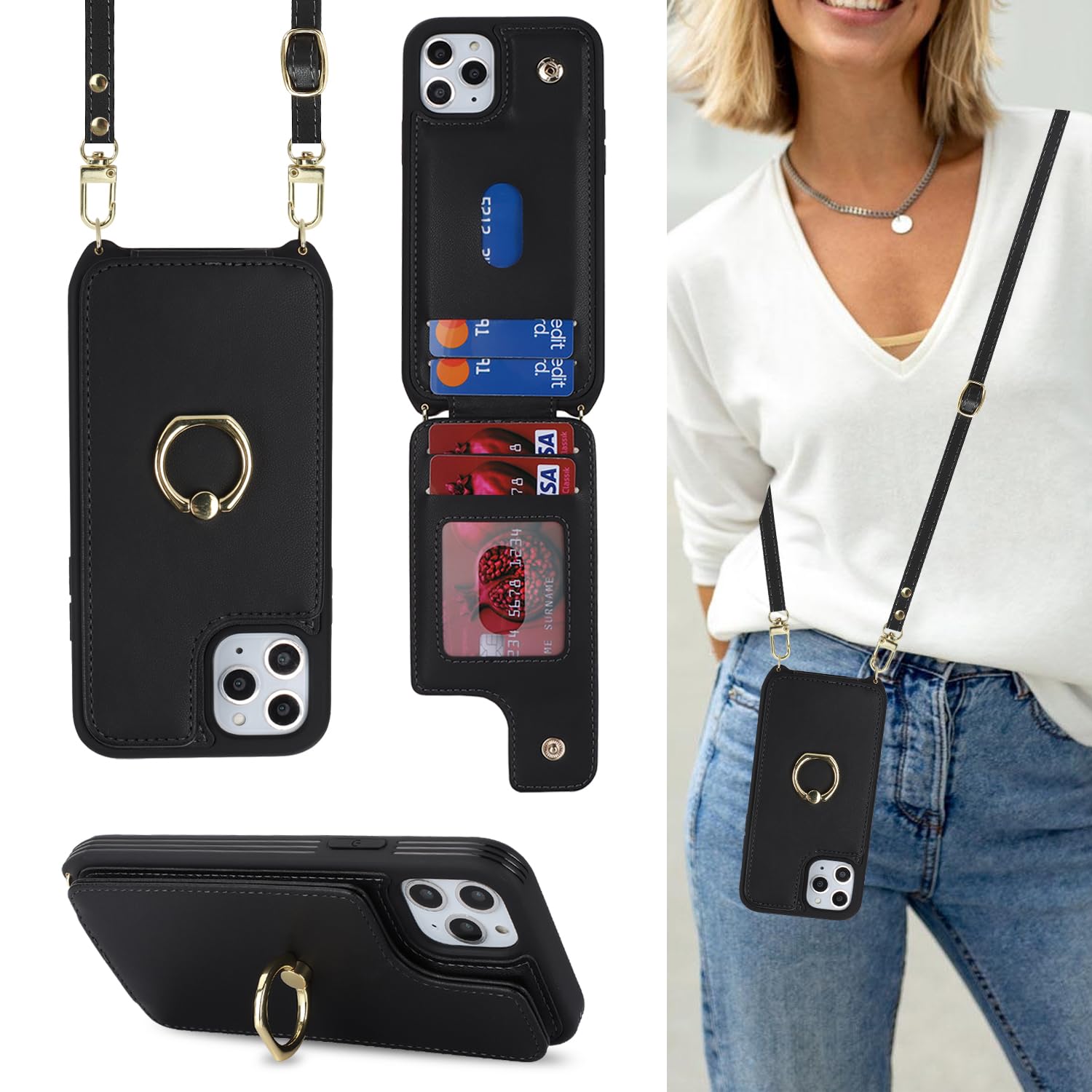 Cavor Phone Case compatible with iPhone 11 Pro With Card Holder With Lanyard Strap,Flip Leather Wallet Case,Ring Kickstand Shockproof Cover Case compatible with iPhone 11 Pro - Black