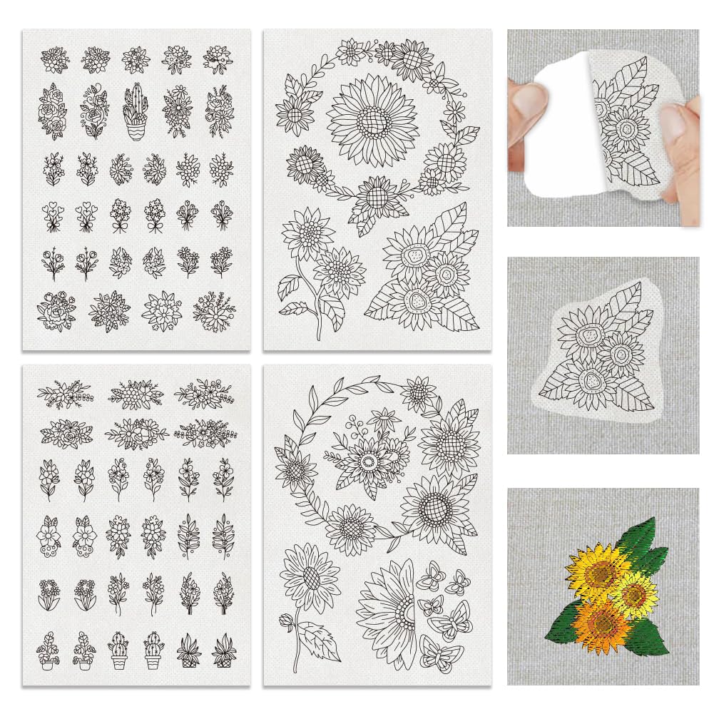 BENECREAT 4 Sheets 70Pcs Stick and Stitch Embroidery Paper, Sunflower and Flower Theme Stabilizer Water Soluble Hand Sewing for Carves, Shirts, Coats, Bags, Towels