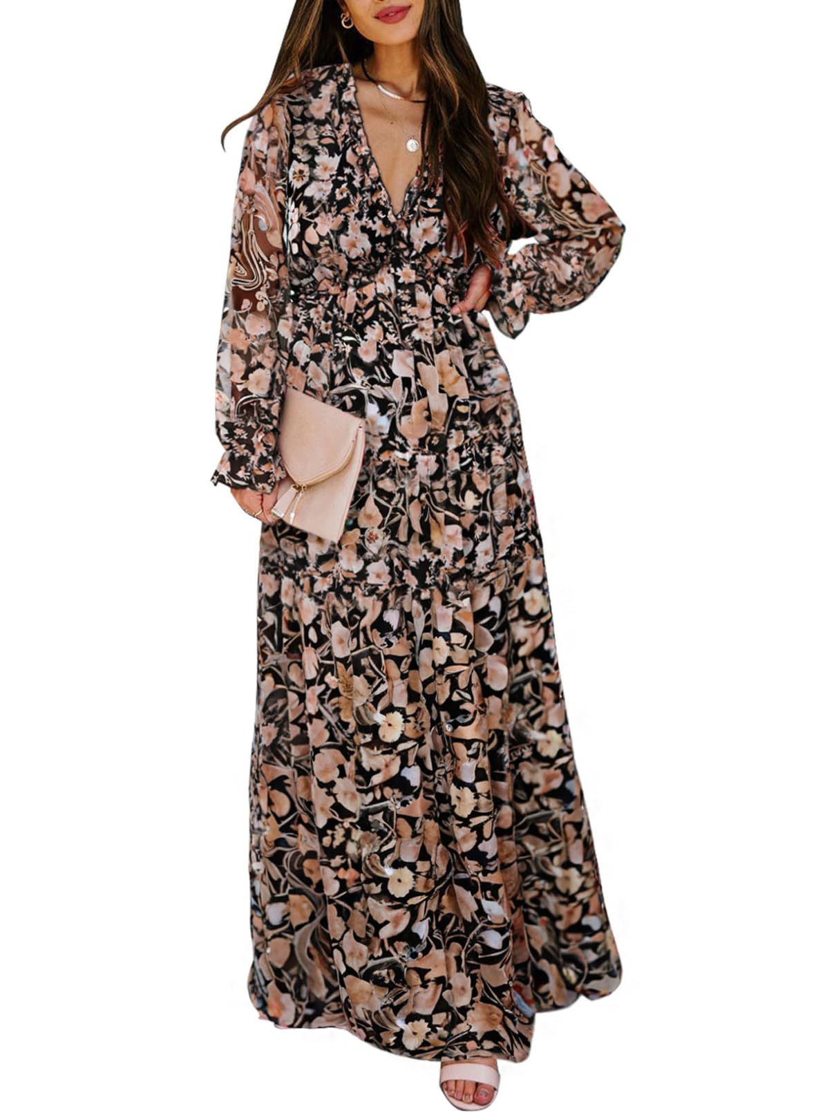 Photo 1 of BLENCOT Women's Casual Boho Floral Printed Deep V Neck Loose Long Sleeve Long Evening Dress Ruched Cocktail Party Maxi Wedding Dress Black Medium