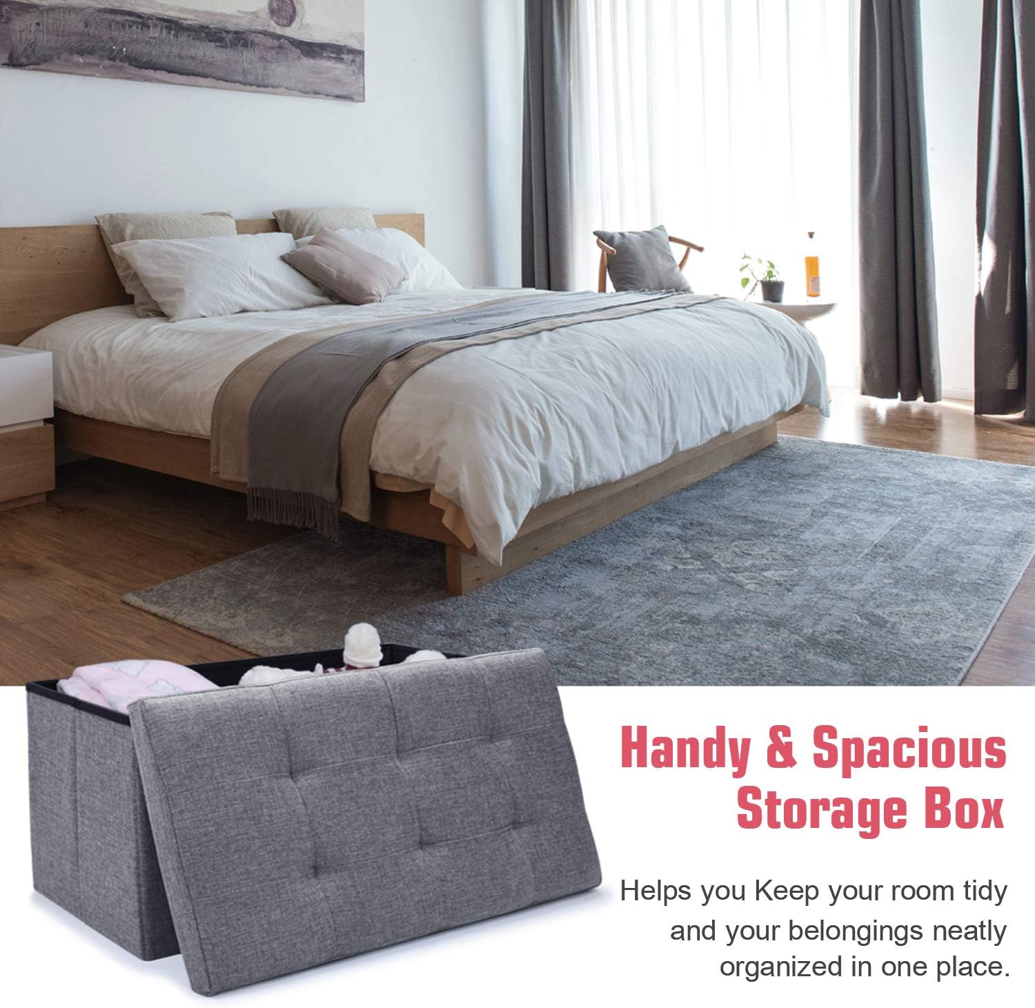 WoneNice Linen Folding Storage Ottoman Bench, Storage Chest Footrest Padded Seat, 30 x 15 x 15 in, Gray: Kitchen & Dining