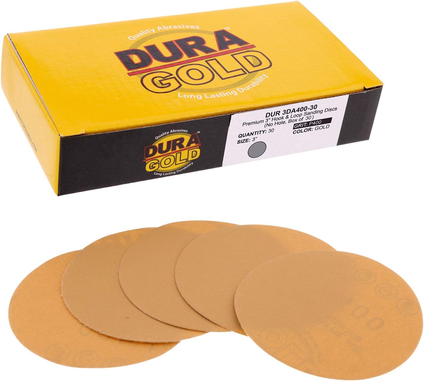 DuraGold Premium 400 Grit 3" Gold Hook & Loop Sanding Discs for DA Sanders Box of 40
