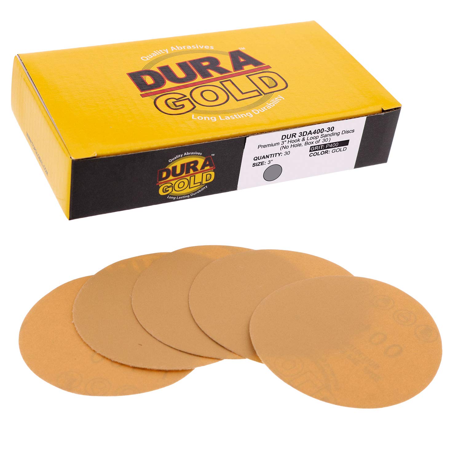 Dura-Gold - Premium - 400 Grit 3" Gold Hook & Loop Sanding Discs for DA Sanders - Box of 40 Sandpaper Finishing Discs for Automotive and Woodworking