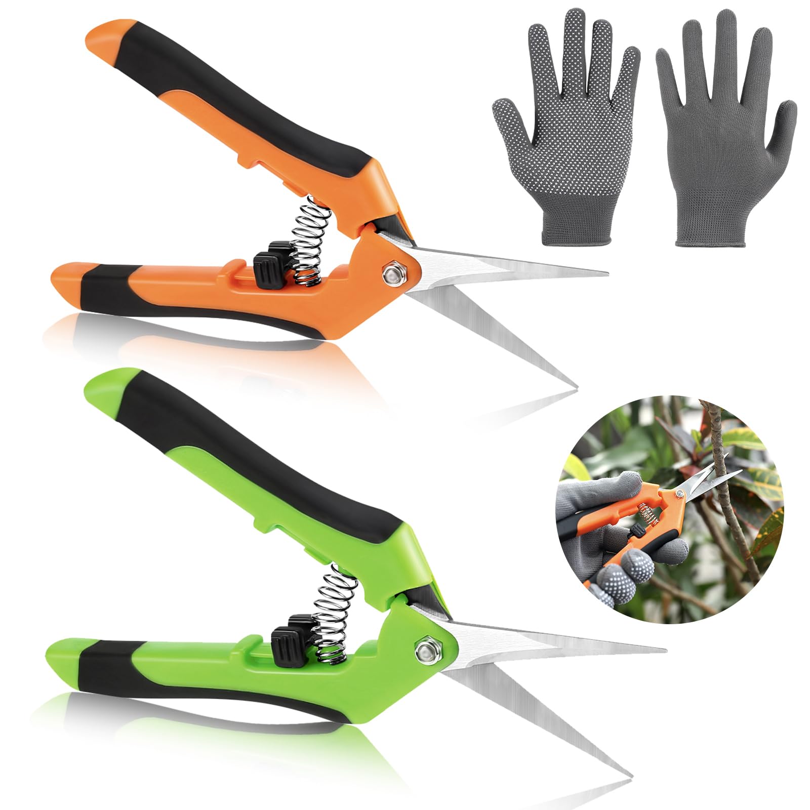 VZZNN 2 Pack Gardening Scissors Hand Pruner Pruning Shear with Straight Stainless Steel Blades, Pruning Scissors, Flower Scissors Flowers, Fruits, Plants (Orange, Green)