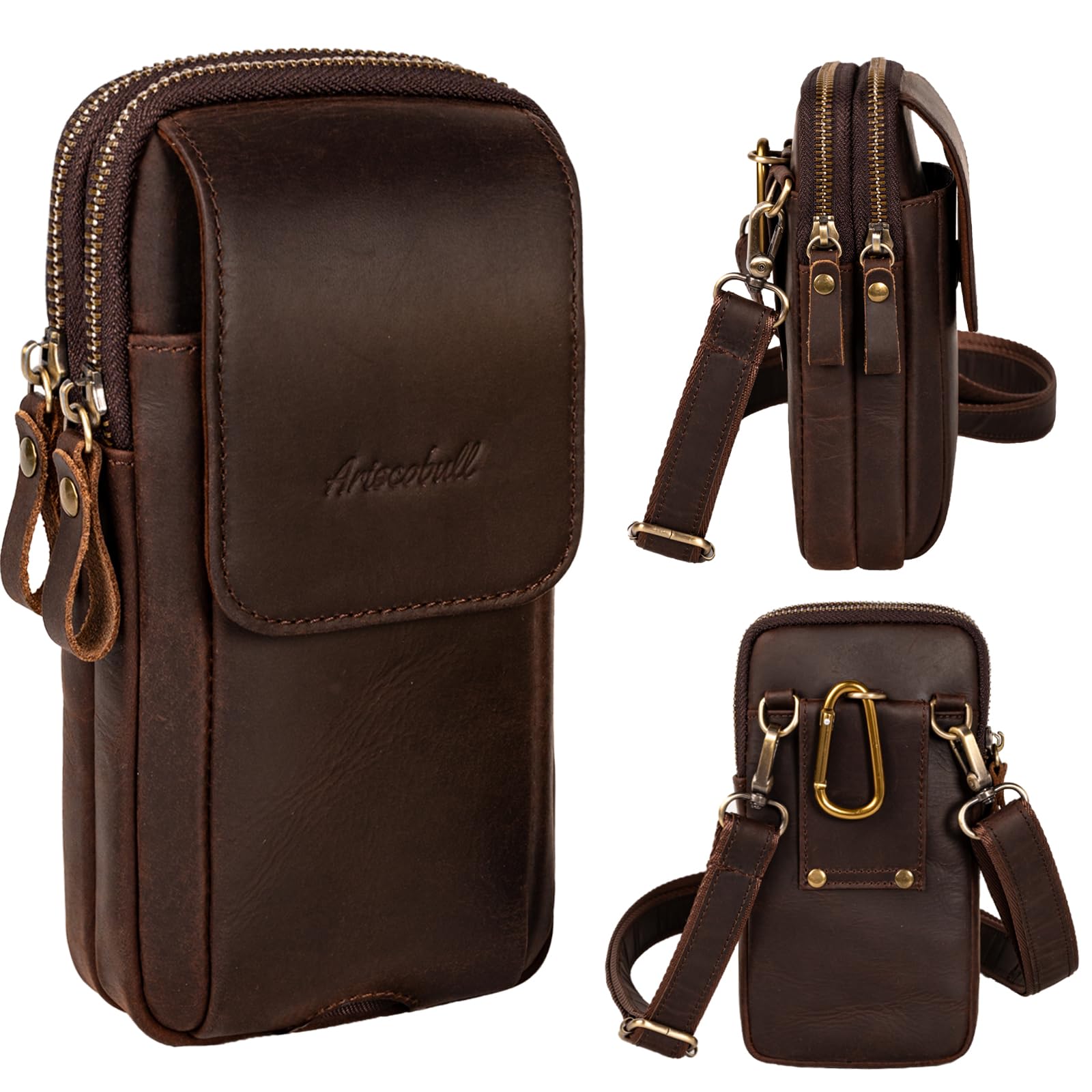 Photo 1 of Ariscobull Leather Vertical Men Cell Phone Holster, Leather Cell Phone Holster, Vertical Belt Clip Cellphone Pouch, Dual Pocket Universal Smartphone Pouch Bag (Dark Coffee)