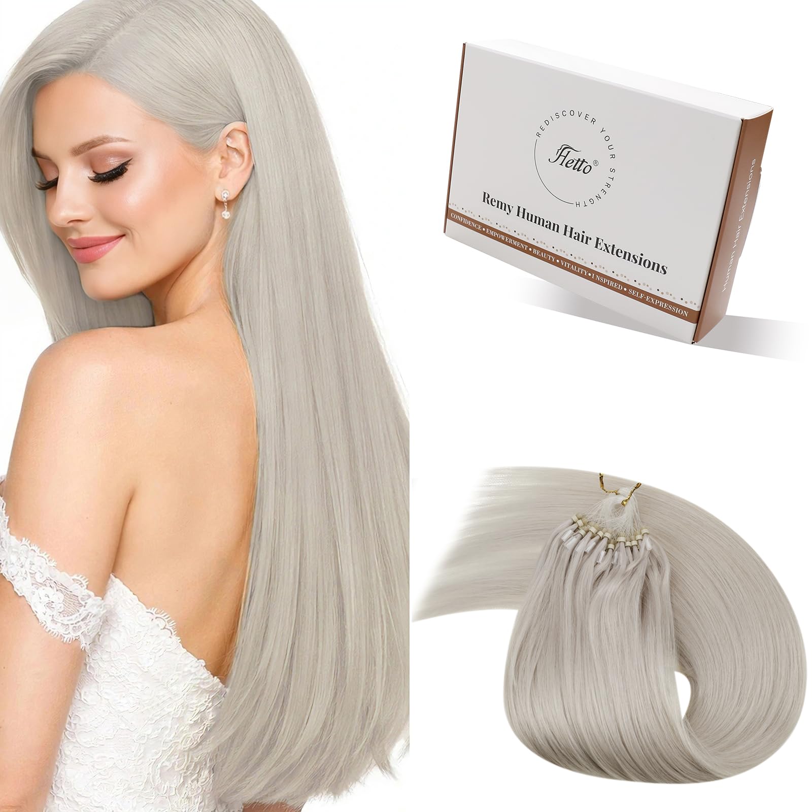 Hetto Micro Rings Hair Extensions Platinum Blonde 22 Inch - Straight Micro Beads Real Human Hair for Women, Long Lasting No Shedding Thick Real Hair for Party #60 50g 50 Strands