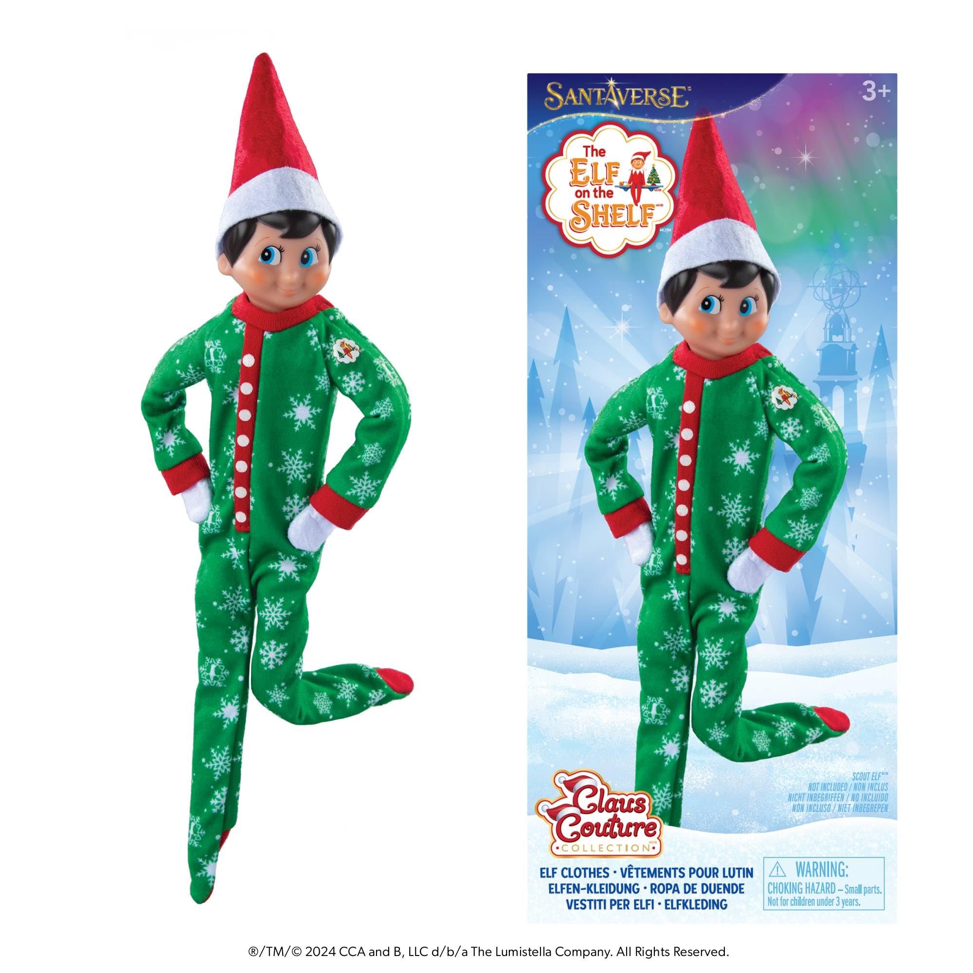 Claus Couture Collection of Elf on the Shelf Clothes 2024 (Snowflake Snuggle Onesie PJs) Green — image 1