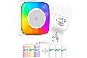 LEBT Mini Printer Sticker Printer Print Pod with 6 Rolls Sticker Paper Label Maker, Seven Color Lighting Modes for DIY Scrapbook, Travel, Notes, Label, Memo, Compatible with iOS&Android