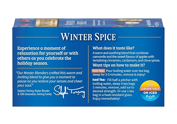 TWININGS WINTER SPICE HERBAL TEA INDIVIDUALLY WRAPPED, 20 COUNT (PACK OF 1), CAMOMILE, APPLE, CINNAMON, & CLOVE, NATURALLY CAFFEINE-FREE, ENJOY HOT OR ICED, 20 TEABAGS