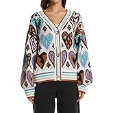 Women's Cute Sweater Cardigan Heart Print Cropped Button Open Front Cardigans V Neck Knitted Y2K Outerwear