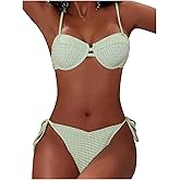 SweatyRocks Women's Two Piece Bikini Set Gingham Plaid Push Up Swimsuit String Cheeky Bathing Suit