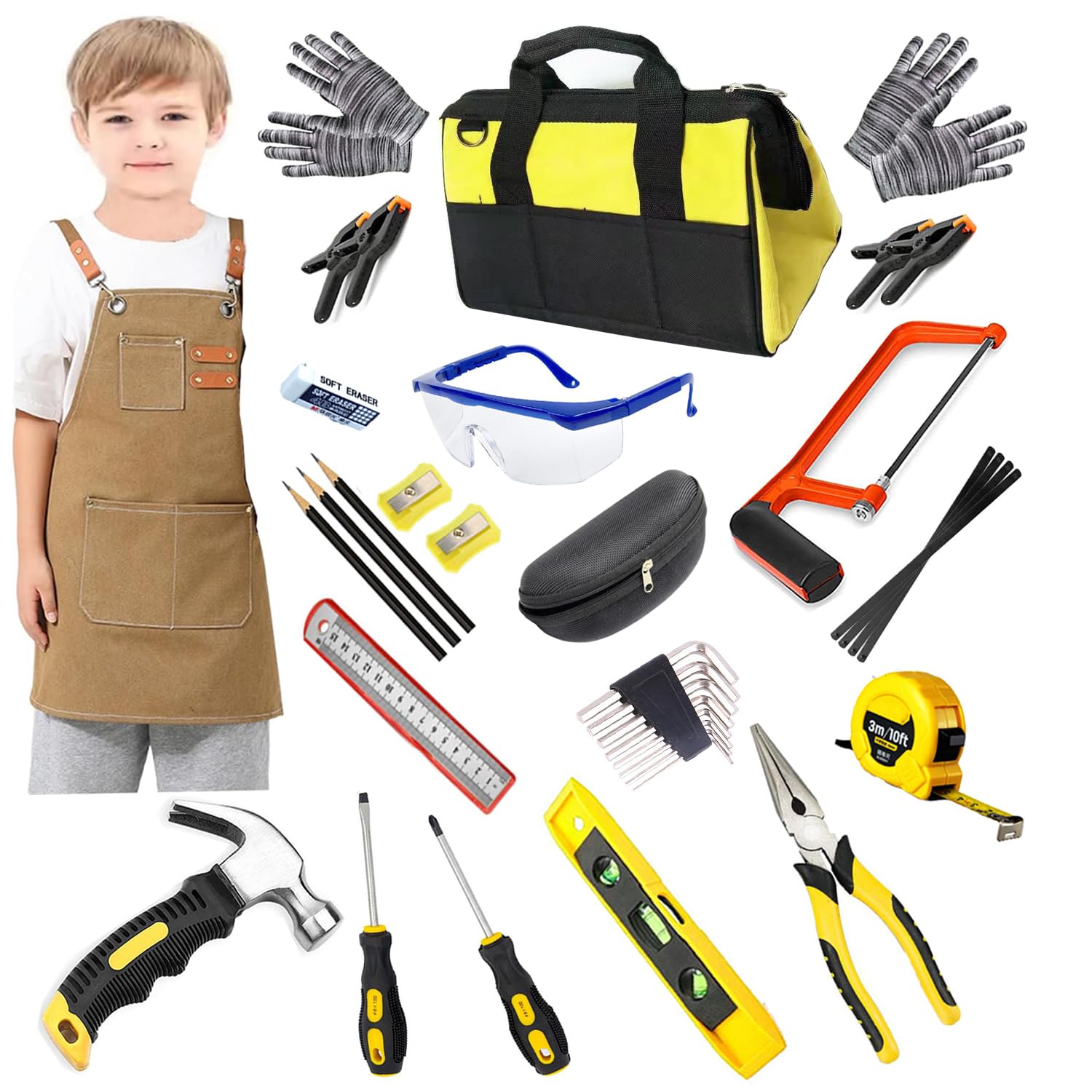 QeeHeng Kids Real Tools Set, Construction Tools Kit with Tool Bag, Woodworking Apron, Hand Metal Saw, 38 Pieces Children's Learning Gift for Woodwork Beginner Boys & Girls
