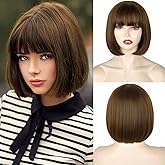 WERD Short Brown Bob Wig with Bangs,10 inch Brown Straight Bob Wig for Women Heat Resistant Fiber for Cospaly Velma