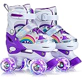 SHDSL Girls Roller Skates for Kids, Rainbow 4 Size Adjustable Roller Skates with All Light Up Wheels, Birthday Gift for Outdoor Sports Shine Fun Illuminating Skate