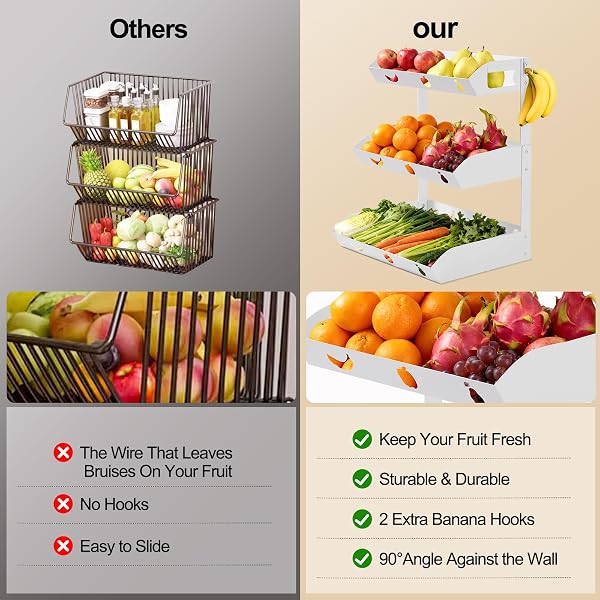 GOENDR FRUIT BASKET FOR KITCHEN COUNTER – 3 TIER METAL FRUIT BOWL WITH BANANA HANGER, CONVERTIBLE TO 2 TIER, LARGE CAPACITY COUNTERTOP ORGANIZER FOR FRUIT VEGETABLES BREAD SNACK PRODUCE STORAGE