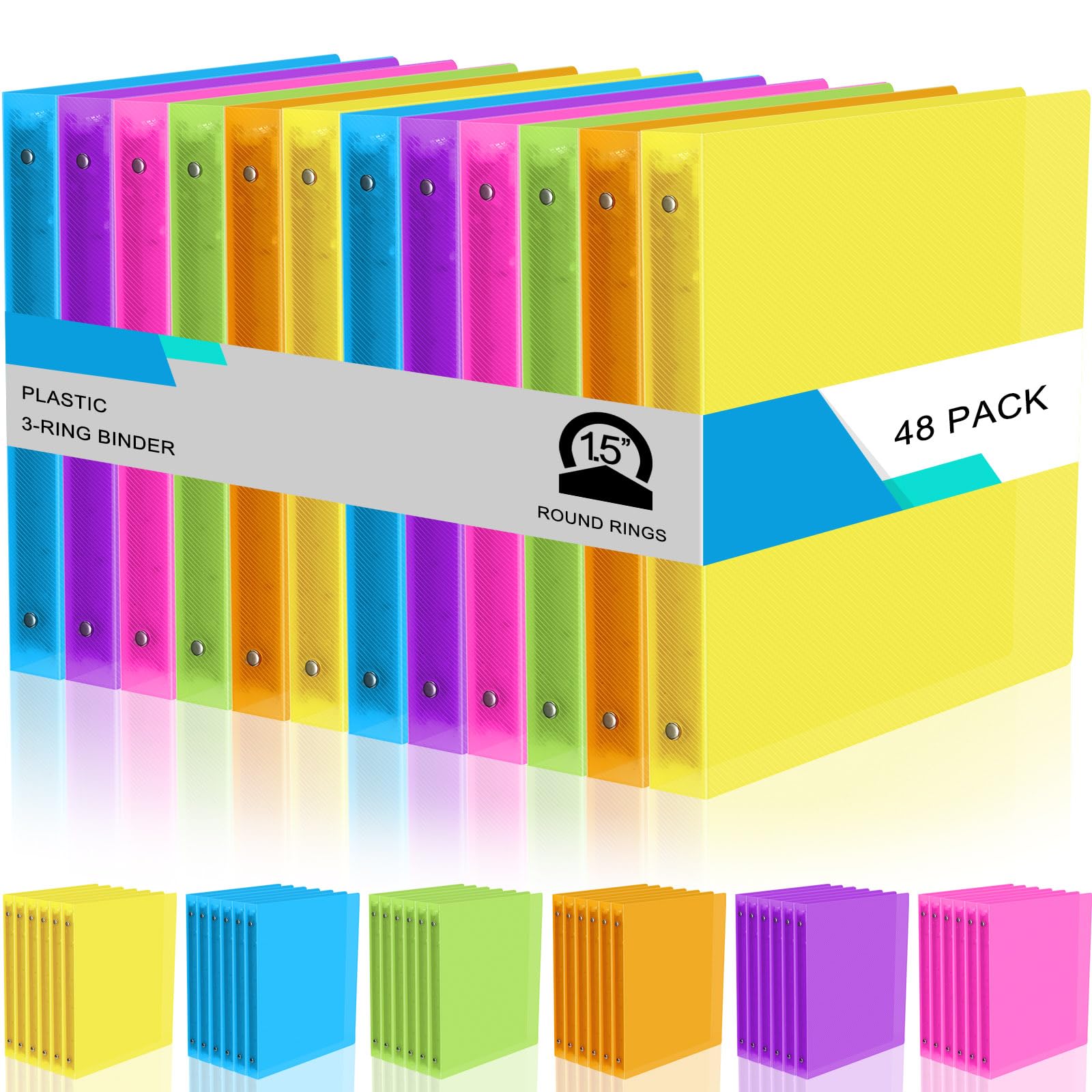 Photo 1 of (USED/FAIR) (MINOR WARE) Fulmoon 48 Pack 3 Ring Plastic Binders 1.5 Inch Bulk with 2 Pockets, Flexible Binder Loose Leaf Hardcover, Fit 12" x 10" US Letter Size Paper, for School Office Home, 6 Colors (Bright)