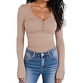 Prettywear Women Long Sleeve Henley Shirts V Neck Button Tight Slim Fitted Top Going Out Tees 2025 Trendy Spring Fall