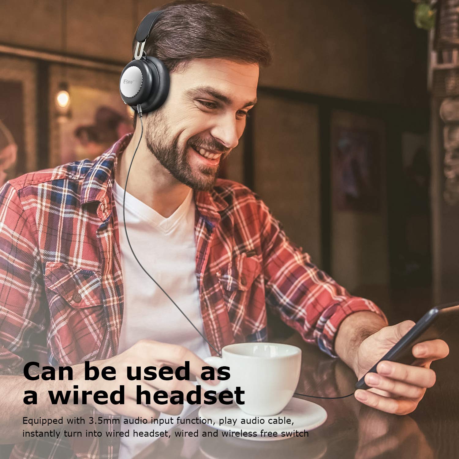 Esonstyle S9 Active Noise Cancelling Headphone Bluetooth Headphones with Mirophone Deep Bass Headset Comfortable Earpads for Travel Work TV (Silver)