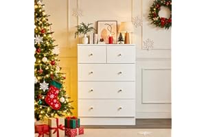 Karl home White 5 Drawer Dresser for Bedroom, Tall Dresser Chest of Drawers, Rustic Wood Bedroom Dressers Clothes Organizer, Anti-Tipping Device, Rose Gold Metal Handle, Living Room, Entryway, Office