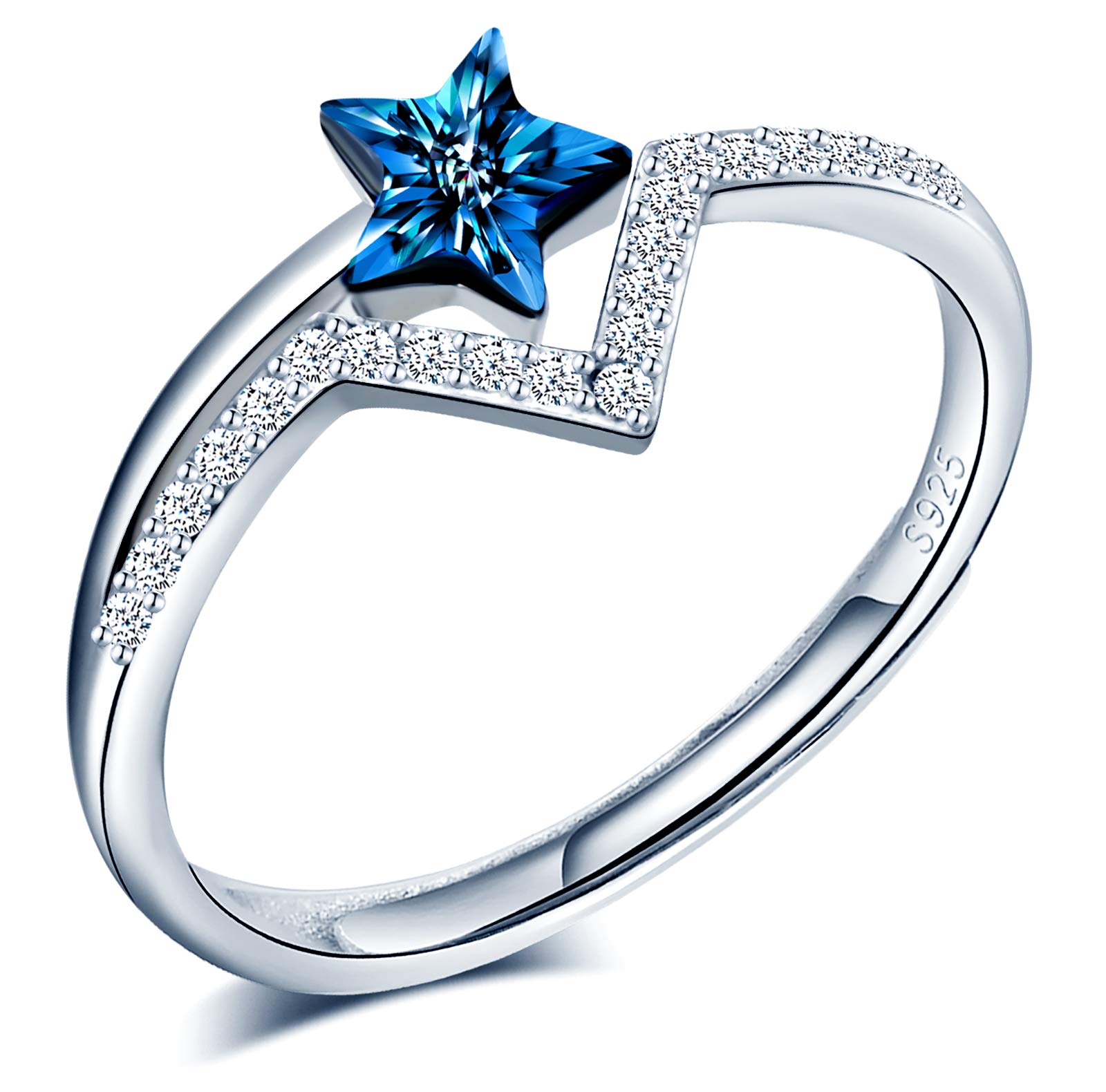CPSLOVE Women's Girl's Ring, 925 Sterling Silver ring, blue crystal star ring, Inlaid zircon, Open ring, Adjustable ring size, Wedding Ring, Engagement Ring, Suitable Finger Circumference:48.5-57mm
