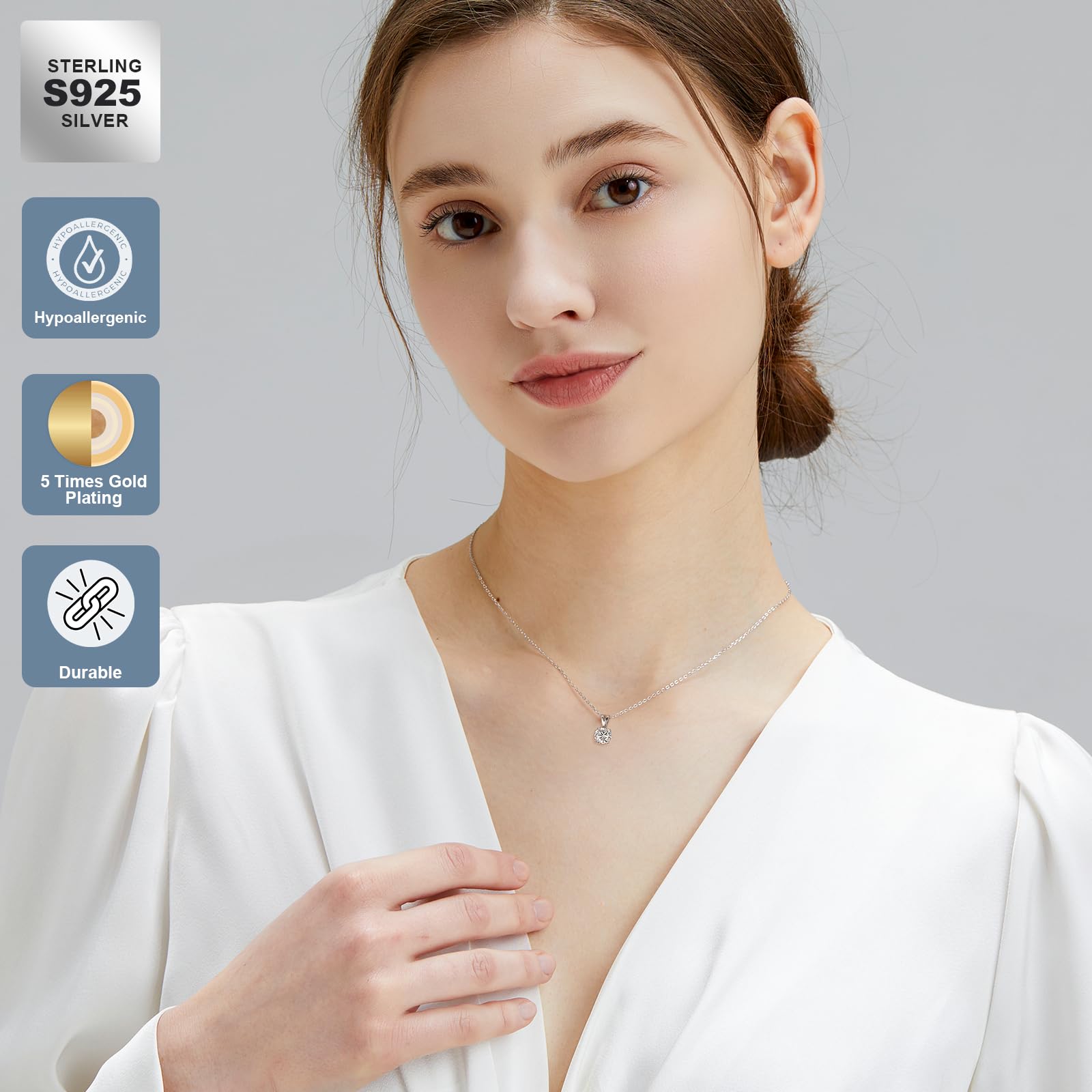 KRKC&CO Moissanite Solitaire Necklace for Women, 1.0ct, 6.5mm, White Gold in Sterling Silver, 4-Prong, Jewelry with GRA Certificate, Gift for Mom, Wife on Birthday Anniversary, Wedding