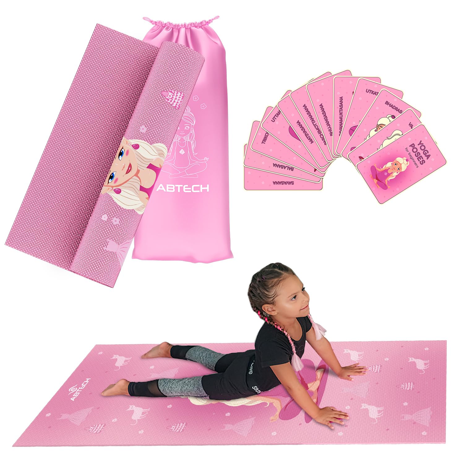 Kids Yoga Mat Set for Boys & Girls - Doll, Unicorn and Mermaid - Chemical Free - Non-Toxic - Non-Slip - 60 X 24 X 0.2 Inches - w/ 12 Yoga Cards - Cute Carrier Bag - (Pinky Doll)