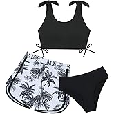 Weixinbuy Girls Swimsuit Bikini Set 3 Piece Kids Tropical Print Swimwear with Shorts Bathing Suit for Teens 9-16 Years