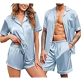 Ekouaer Silk Satin Matching Pajamas Sets Couple Button Down Nightwear Women & Men Short Sleeve Sleepwear 2 Pieces Loungewear