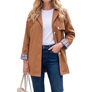 ECOWISH Womens Trench Coat Lightweight Jacket Plaid Linning | Fall Fashion OverCoats Single Breasted Outwear with Pockets Win