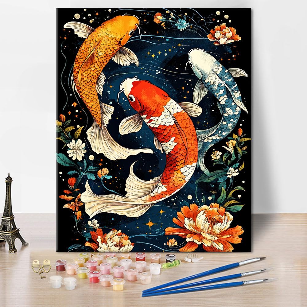 TISHIRON Paint by Numbers for Adults Koi Fish, DIY Acrylic Paint by Numbers Kits on Canvas Blooming Flowers, Animals Oil Hand Painting Art Crafts 16"x20"(Frameless)