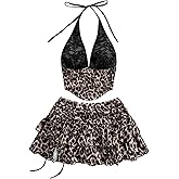 SOLY HUX Women's Leopard Skirt Outfits 2 Piece Sleeveless Halter Crop Top Ruffle Mini Skirts Y2k Rave Clothes