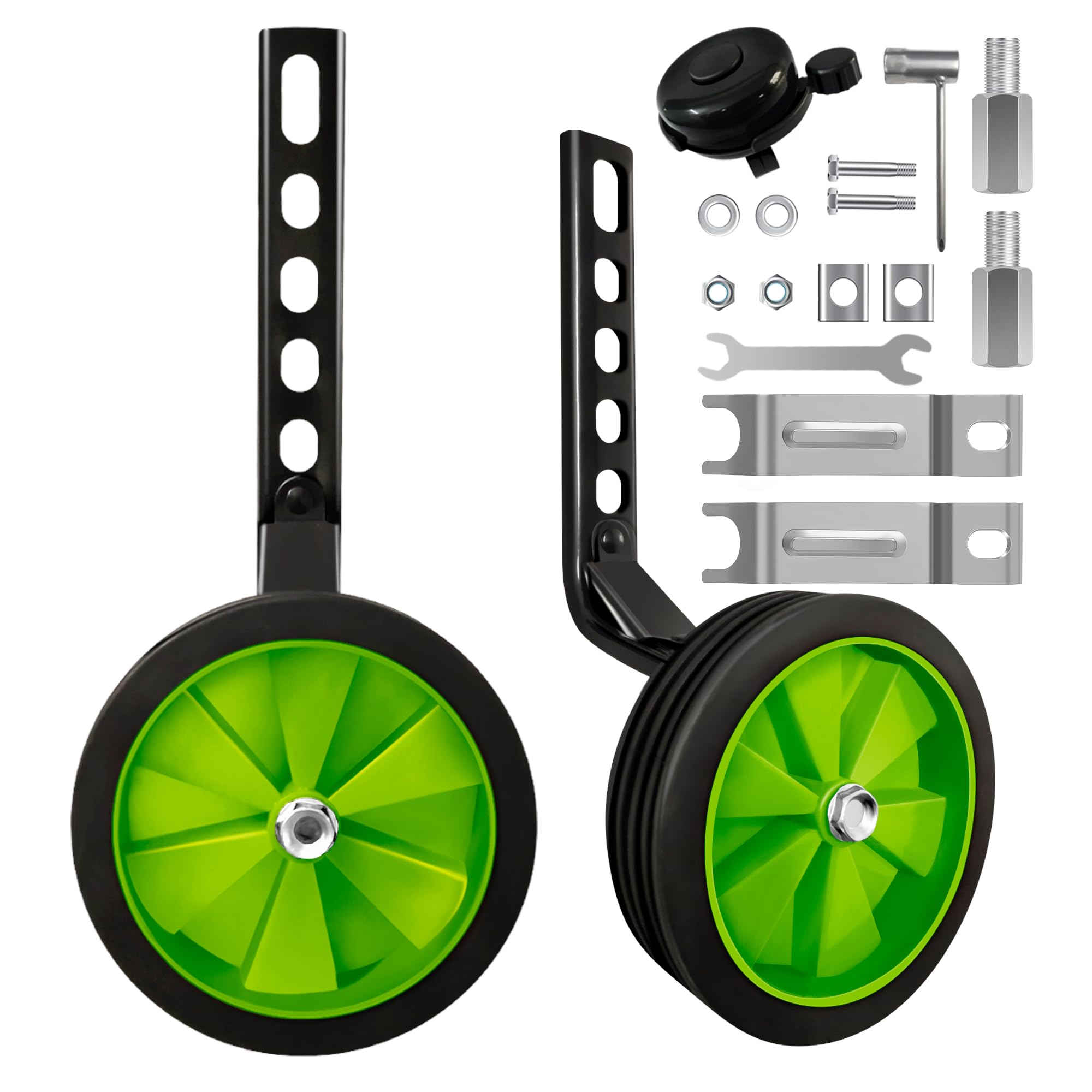 Stabilisers for Child's Bike – Heavy Duty Rear Adjustable Training Wheels for 12"-20" Kids' Bicycles, Durable Outdoor & Travel Use-Green