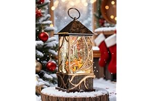 CAWOOSOO Winter Forest Reindeer Cardinals Snow Globe Lantern for Christmas Decorations, Musical and Luminous,USB or Battery Operated