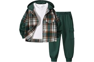Fdqin 2Pcs Kids Boys Flannel Plaid Shirt Tops Pants Set Hoodie Sweatsuit for Fall Winter Spring Outfits 4-12 Years