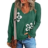 Acelitt Womens Casual Fall Long Sleeve V Neck Floral Tshirts Tops,S-XXL