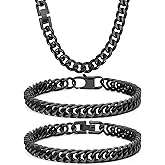 Aospkle 3PCS Cuban Link Bracelet Necklace, Black Sturdy 316L Stainless Steel Cuban Link Chain for Men Jewelry Set 8mm, 7/8/9 Inches