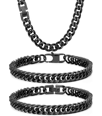 Amazon.com: 3PCS Cuban Link Figaro Bracelet Necklace, Black Sturdy
