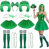 Shyyween 18 Pcs St Patrick's Day Outfits Leprechaun Costume Set Include Green Wig Clover Glasses St Patrick's Day Headband Green Tutu Skirt Shamrock Beads Necklace Knee Stocking for Irish Party Supply