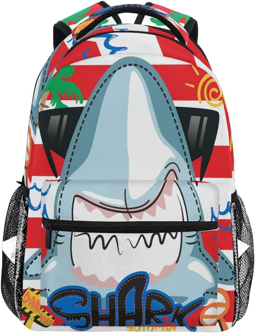 Oarencol Funny Summer Shark Sunglasses Red White Striped Cute Cartoon Animal Backpacks Bookbags Daypack Travel School College Bag for Womens Girls Mens Boys Teens
