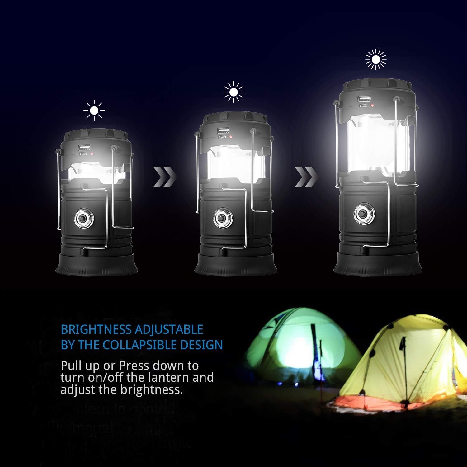 Lyricall Solar Camping Lantern Rechargeable USB, COB LED Lantern Flashlight 2 Power Supply Modes Survival Kit for Emergency, Hurricane, Power Outage(2 pack) - - 