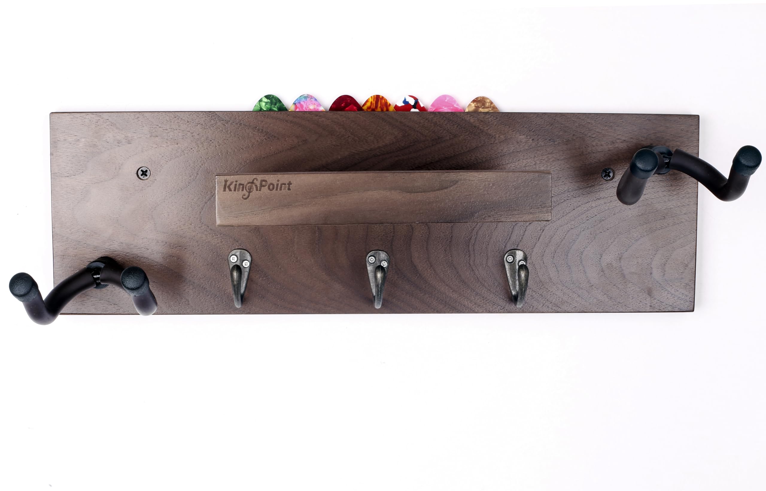 KingPoint Guitar Wall Mount - Wooden Holder with 3 Metal Hooks and Pick Holder for Electric & Acoustic Guitars (Black Walnut Wood)