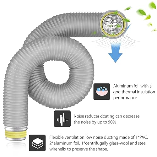 Hon&Guan 4'' Insulated Flexible Duct FT Noise Reducer Hose, Insulated  Duct for Exhaust Fan Ductwork Insula