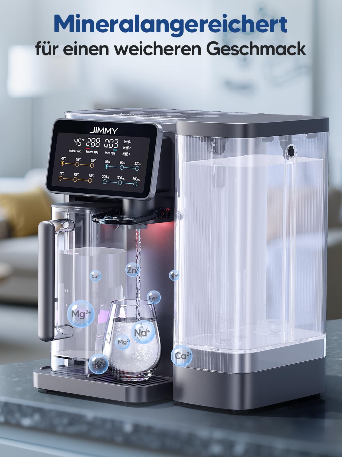 Jimmy R9 Osmoseanlage Trinkwasser Auftisch, Umkehrosmoseanlage Wasserfilter, mit Heißwasserspender, 7-stufiger Filterung RO & Mineralien, UV, 3S-Heizung, 7 Temperaturoptionen, Echtzeit-TDS-Monitor 5