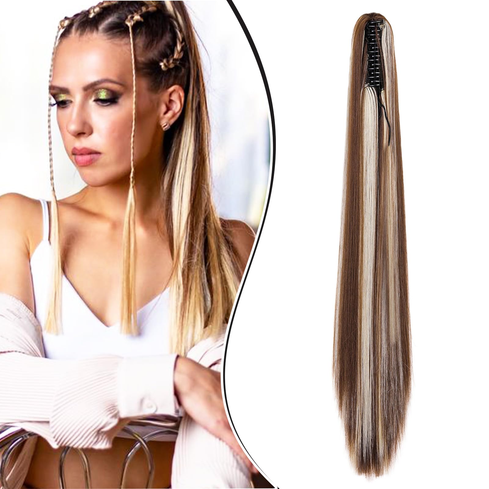 Dcbaboo 22inch Claw Clip in Ponytail Hair Extensions Long Straight Ponytail Extension Synthetic Pony tails Natural Wave One Piece Hairpiece Fake Ponytail for Women, Chestnut Brown & Bleach Blonde