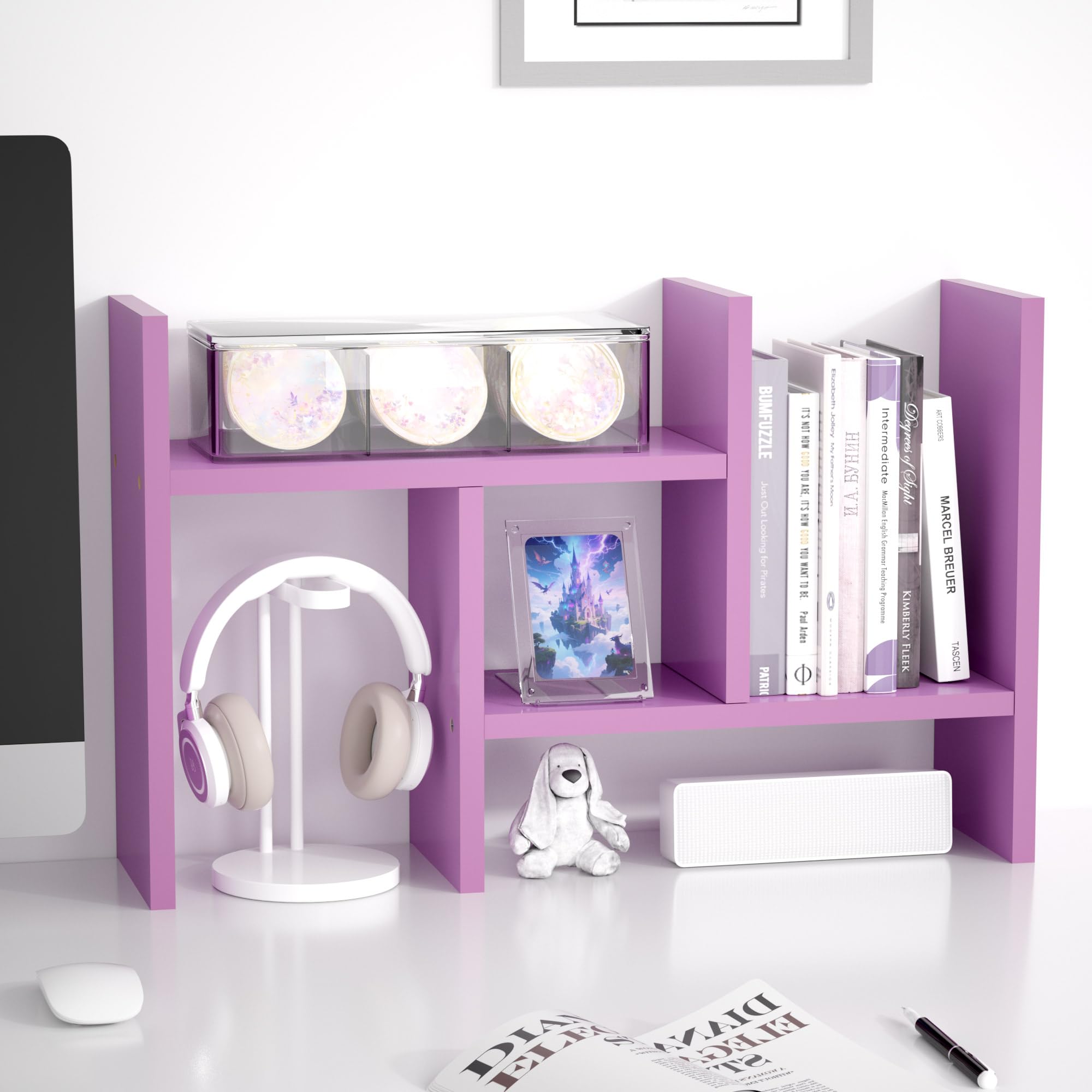 Photo 1 of Jerry & Maggie Desktop Organizer Office Storage Rack Adjustable Wood Display Shelf Free Style Double H, Multi-Functional Mini Bookshelf for Desk Natural Stand (Violet)