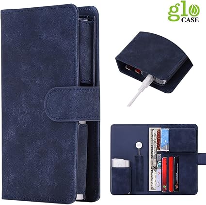 Amazon Glo グロー ケース グロー 電子タバコ ケース グロー カバー 手帳型 レザー 全部収納 マグネット式 収納ケース コンパクト おしゃれ かわいい 人気 財布型 携帯便利 メンズ レディース プレゼント ギフト ネイビー Easy Live 充電式電池 充電器パック
