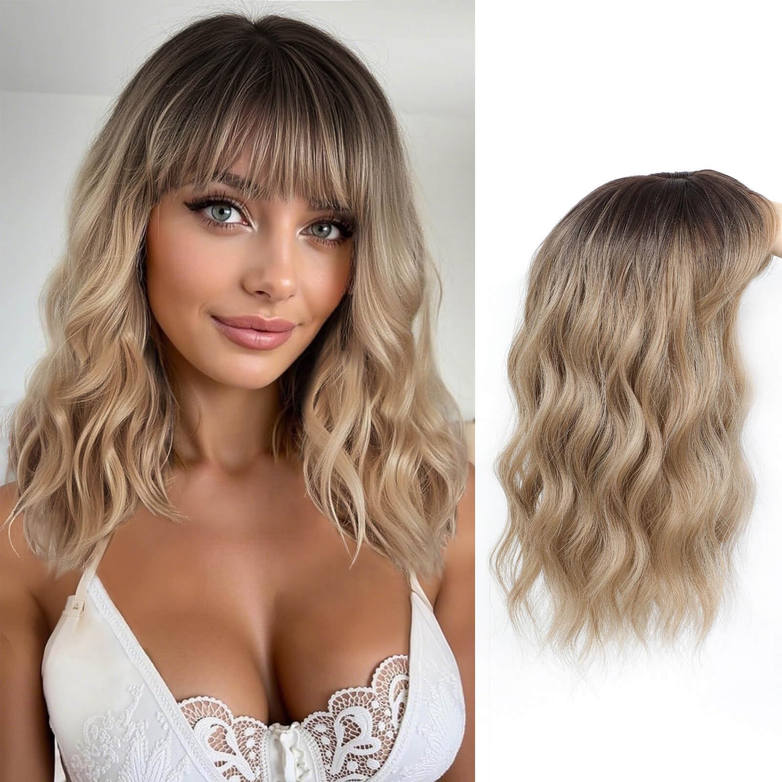 Flyroseing Hair Topper with Fringe, 6.5x6.5" Large Base Toppers for Thinning Hair Women, 14 Inch Brown Blonde with Dark Root Wavy Synthetic Wiglets Hairpieces for Women