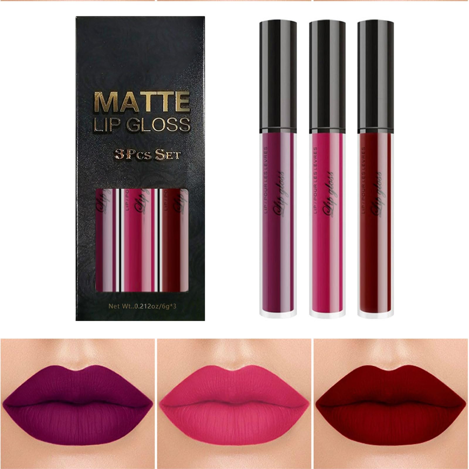 Matte Lip Gloss Set, 3PCS Pink Purple Red Lipsticks, Hot Color Non-stick Cup Lipstick Kit, Long Lasting Highly Pigmented Liquid Lipstick, Lips Balm for Women Make Up