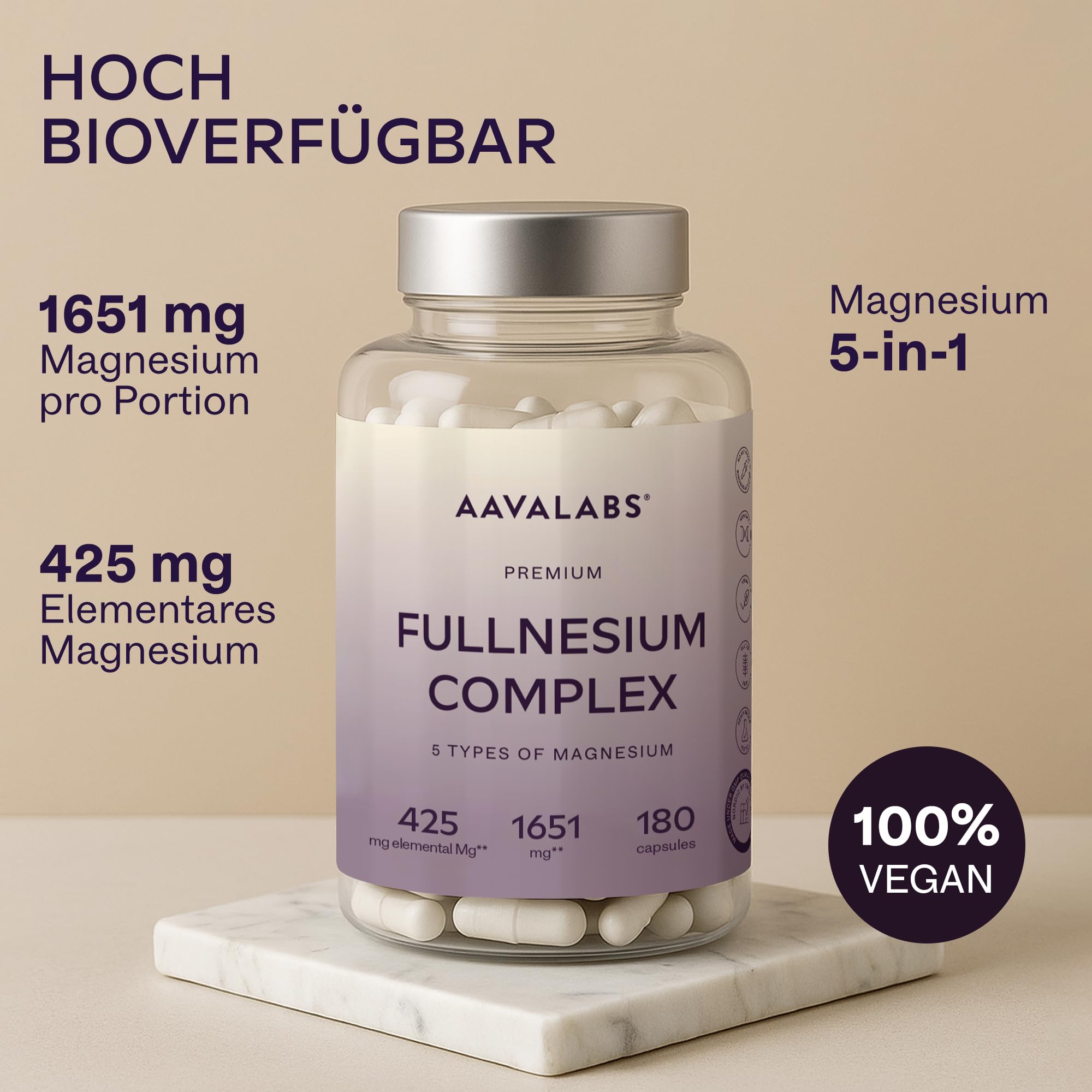 Magnesium Komplex Hochdosiert 1651mg | 425mg Elementares Magnesium Premium mit 5 Formen: Bisglycinat Chelat, Magnesiumcitrat, Malat, Taurate, Magnesiumoxid - Energie, Muskeln, Nerven - 180 Kapseln 2